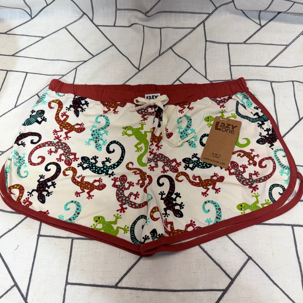 Lazy One Gecko PJ Boxer Size M Cream Lizard Print Drawstring Sleep Shorts
